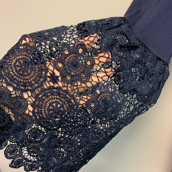 LOFT Navy Off Shoulder Lace Bell Sleeve Knit Top - Picture 6 of 7
